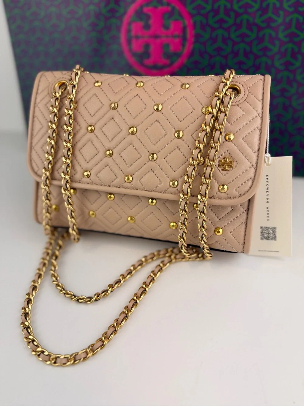 $528 Tory Burch Fleming Stud Small Shoulder Bag Goan Sand Beige Leather 46362